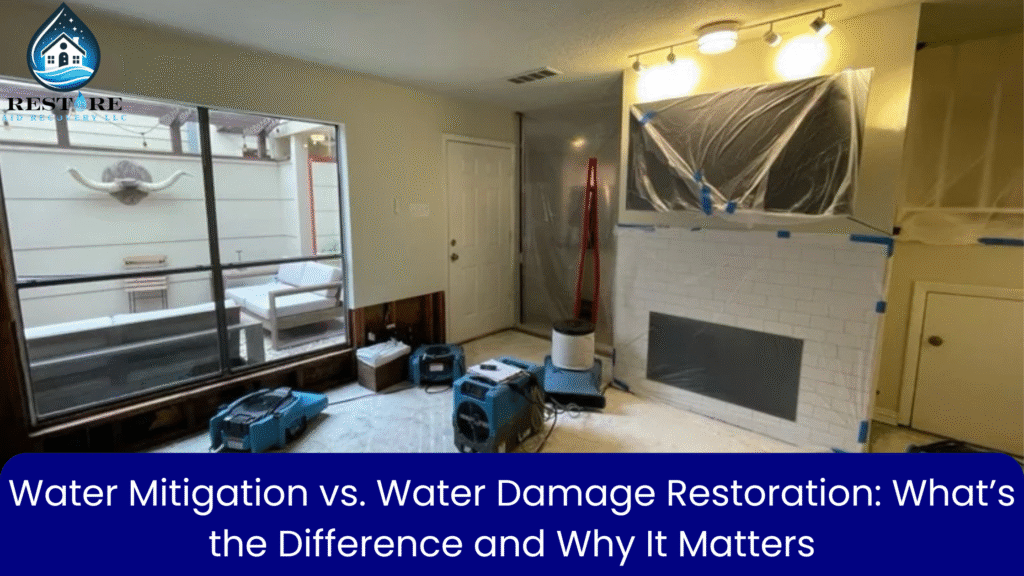 Interior view of a home undergoing water damage restoration with drying equipment, covered walls, and the blog title and the logo.