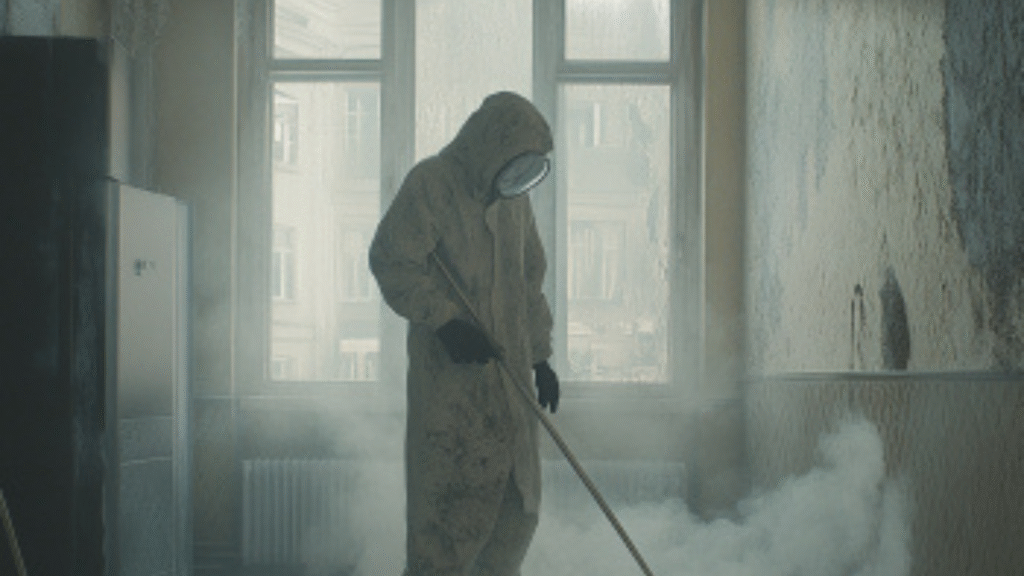 Technician in a hazmat suit performing smoke or mold remediation in a damaged interior space with visible moisture and fog.